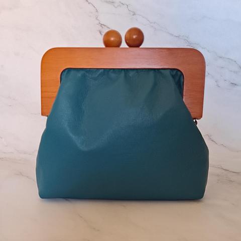 Teal Genuine Leather Wooden Kisslock Clutch