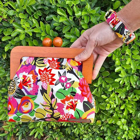 Australian Floral Wooden Kisslock Clutch Purse Handbag