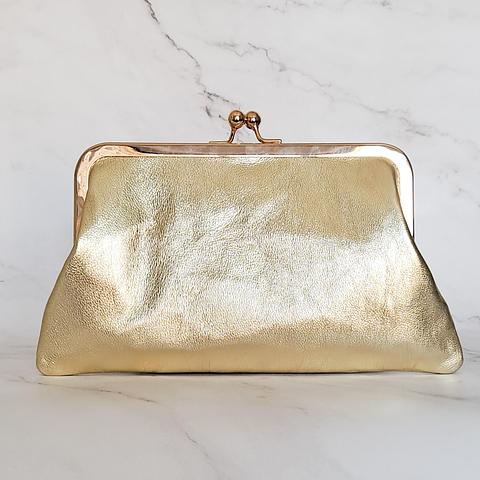 Light Gold Leather Small Kisslock Clutch