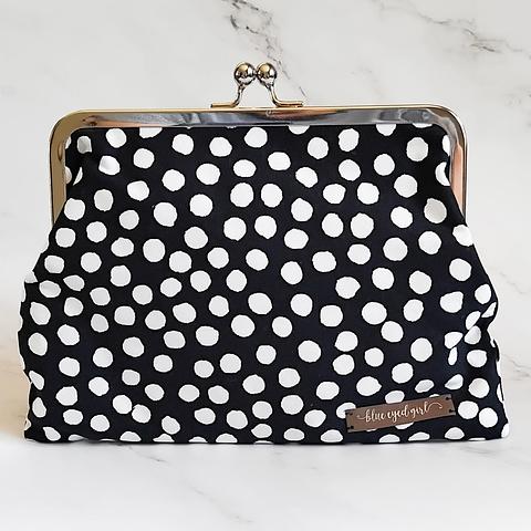 Navy and White Spots Large Kisslock Clutch