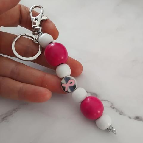 Pink Ribbon (Hot Pink Large Bead) Key Ring
