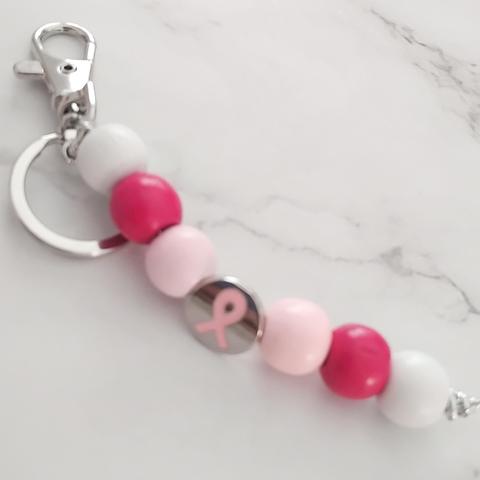 Pink Ribbon (Pale and Hot Pink Small Bead) Key Ring
