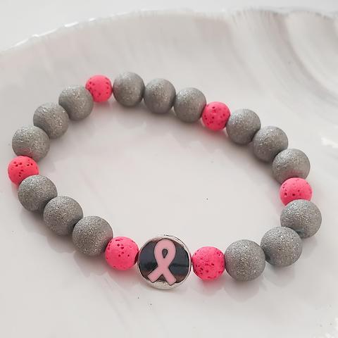 Pink Ribbon Hot Pink Lava Bead and Silver Sparkle Bracelet (large size)