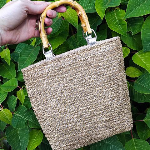 Beige Weave Large Clutch/ Weekend Bag with Bamboo Handles